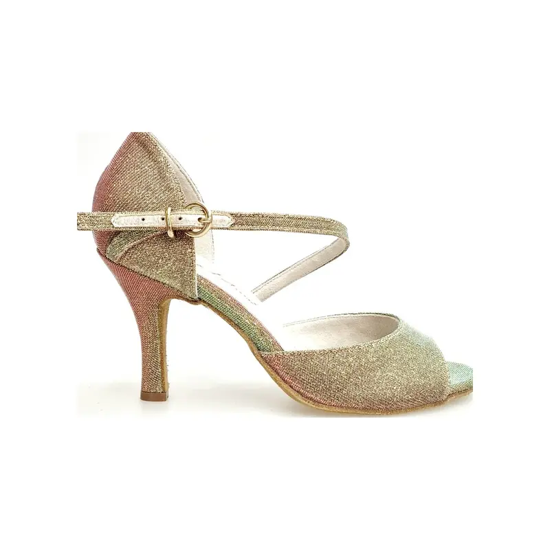 LUNA N/Oro F.533 (R.L. by WISH DANCE) - Sandalo da Ballo Salsa donna in Tessuto materiale Notturno Oro Cangiante multicolor con Tacco a Rocchettino rivestito in notturno oro