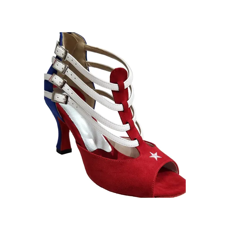 Lussuria (779 CUBA) - Scarpa da Ballo Salsa Donna in Camoscio Rosso e Blu Pelle Bianca con Stella Bandiera Cubana con Tacco a Rocchetto