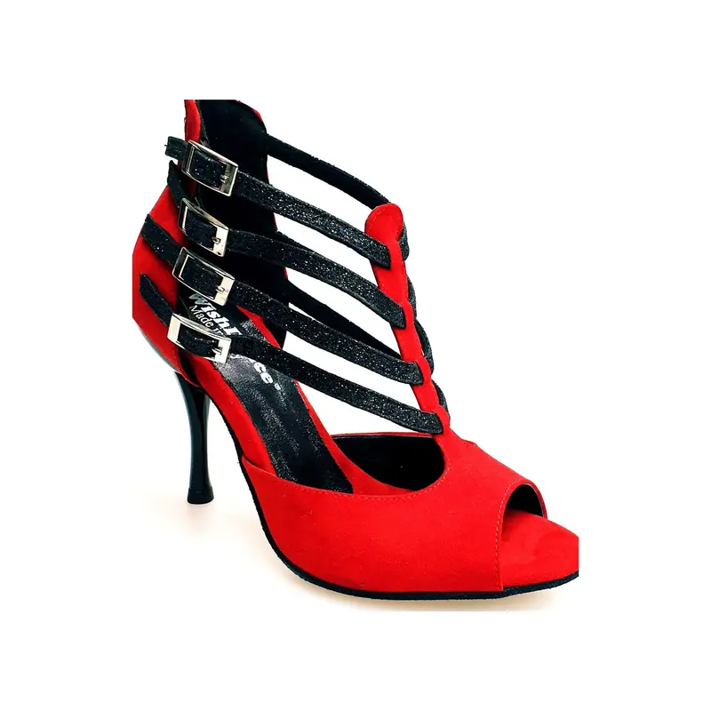 Lussuria (779) - Scarpa da Ballo Salsa Donna in Camoscio Rosso Cinturini in Glitter Nero sottopiede Camoscio Rosso con Tacco Spillo Smaltato Nero