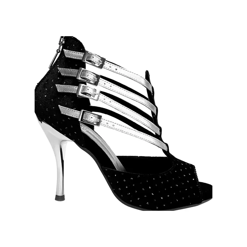 Lussuria (779) - Scarpa da Ballo Salsa Donna in Velluto Nero e Punti Luce Boreali e Cinturini in Lurex Argento con Tacco a Spillo Laminato Argento