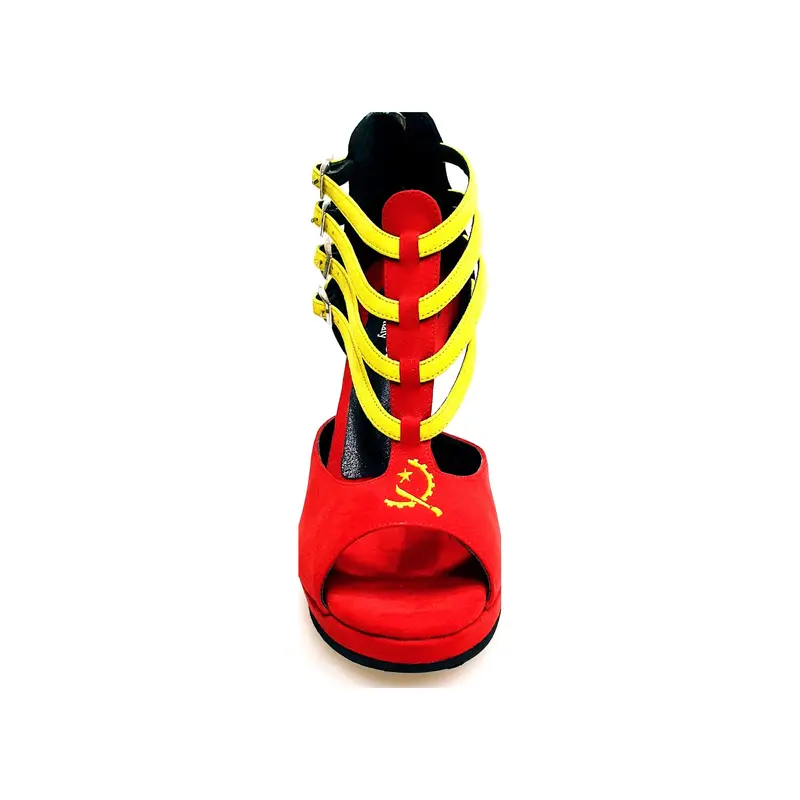 Lussuria (779PLT) - Scarpa da Ballo Kizomba Donna in Camoscio Rosso/Giallo/Nero con Stemma Angolano Ricamato in Giallo con Tacco a Spillo Largo Smaltato Nero e Plateau