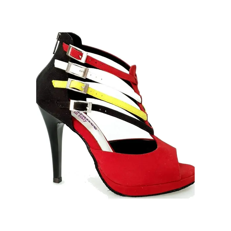 Lussuria (779PLT) - Scarpa da Ballo Latino Americano Donna in Camoscio Rosso e Nero con Cinturini in stile Samakaka con Tacco Alto a Spillo Largo e Plateau Flex