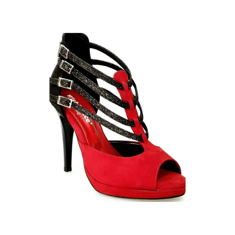 Lussuria (779PLT) - Scarpa da Ballo Salsa Donna in Camoscio Rosso e Nero Cinturini in Glitter Nero con Tacco a Spillo e Plateau