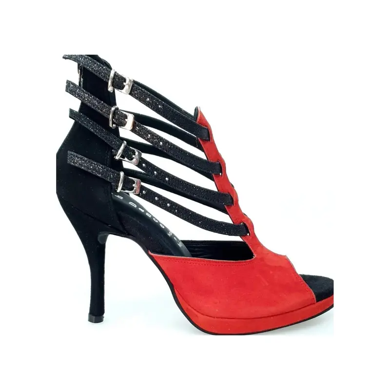 Malon (779F) - Scarpa da Ballo Salsa Donna in Camoscio Rosso e Nero con Cinturini in Glitter e Plateau