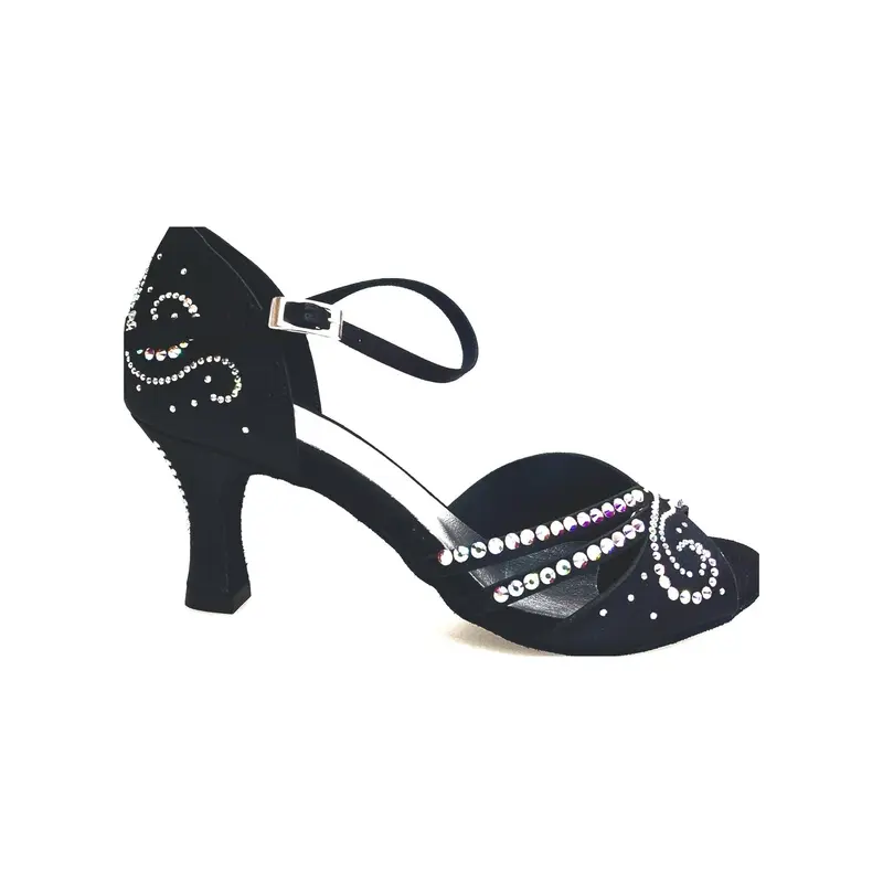 MARTINA (L10) - Scarpa da Ballo Salsa in Raso Seta Nero Con Swarovski Boreali e Tacco a Rocchetto
