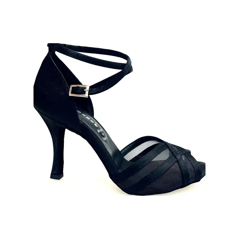 Melany QB (45R QB) - Scarpa Basica da Ballo Latino Americano donna in Raso Nero con Retina e Cinturino Doppio sulla Caviglia con Tacco Rocchettino