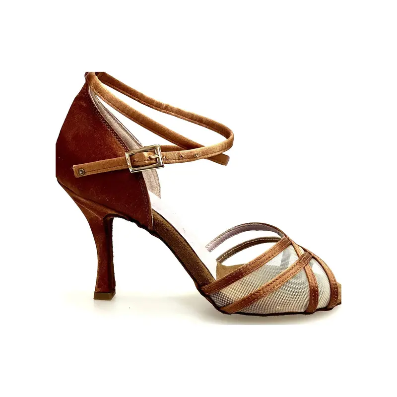 Melany QB (45R QB) - Scarpa da Ballo Latino Americano Basica da donna in Raso Seta Bronzo con Retina e Cinturino doppio sulla Caviglia con Tacco Rocchettino
