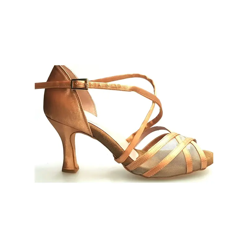 Melany QC (45R QC) - Scarpa Basica da Ballo Latino Americano donna in Raso Carne con Retina con Cuscino memorex e Cinturino Incrociato sul Collo Piede Con Tacco Rocchetto