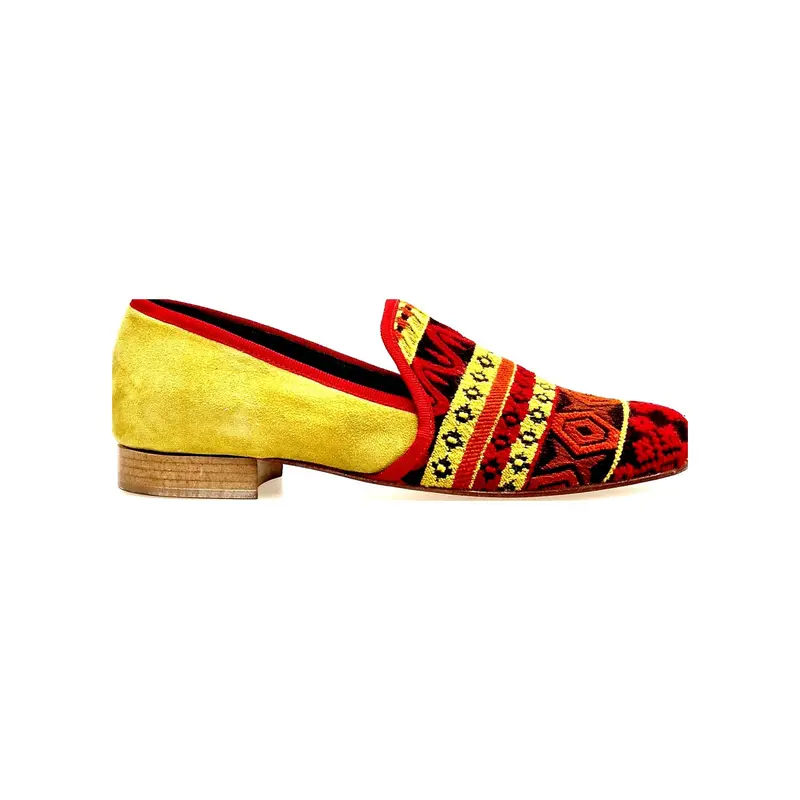 MEXICAN MS21 - Mocassino Uomo Tessuto Fantasie Messicane tallone in Camoscio giallo Senape Tacco in Legno - Salsa