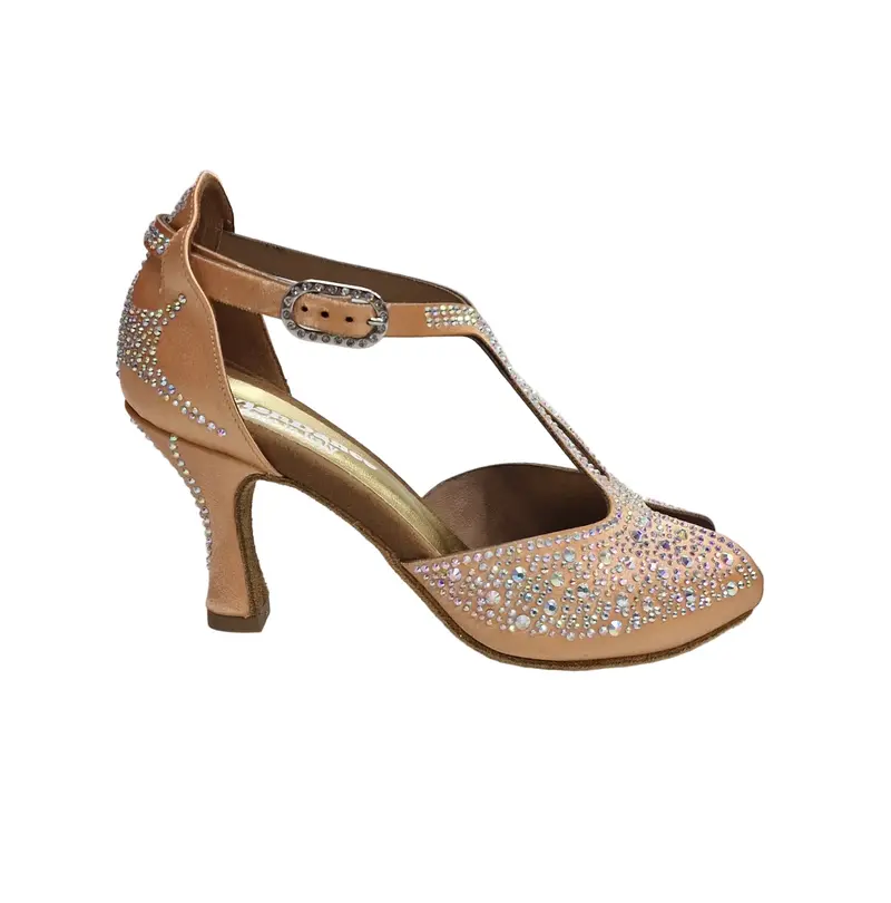 MIRIAM Temptation Plus (L6) - Scarpa da Ballo Salsa Donna in Raso Seta Carne Flash Con Swarovski Boreali e Tacco a Rocchetto