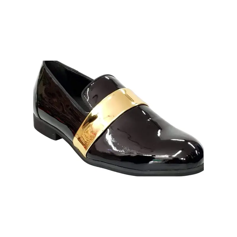 Mocassino Uomo in Pelle Nera Lucida con Fascia Oro / Men's Black Patent Leather Moccasin with Gold Strap - Salsa