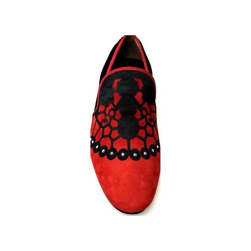 MORENO (MS21) - Mocassino in Camoscio Rosso applicazione inserto Raso Seta Nero e Swarovski boreali  Profilo Rosso Forma lunga - Salsa