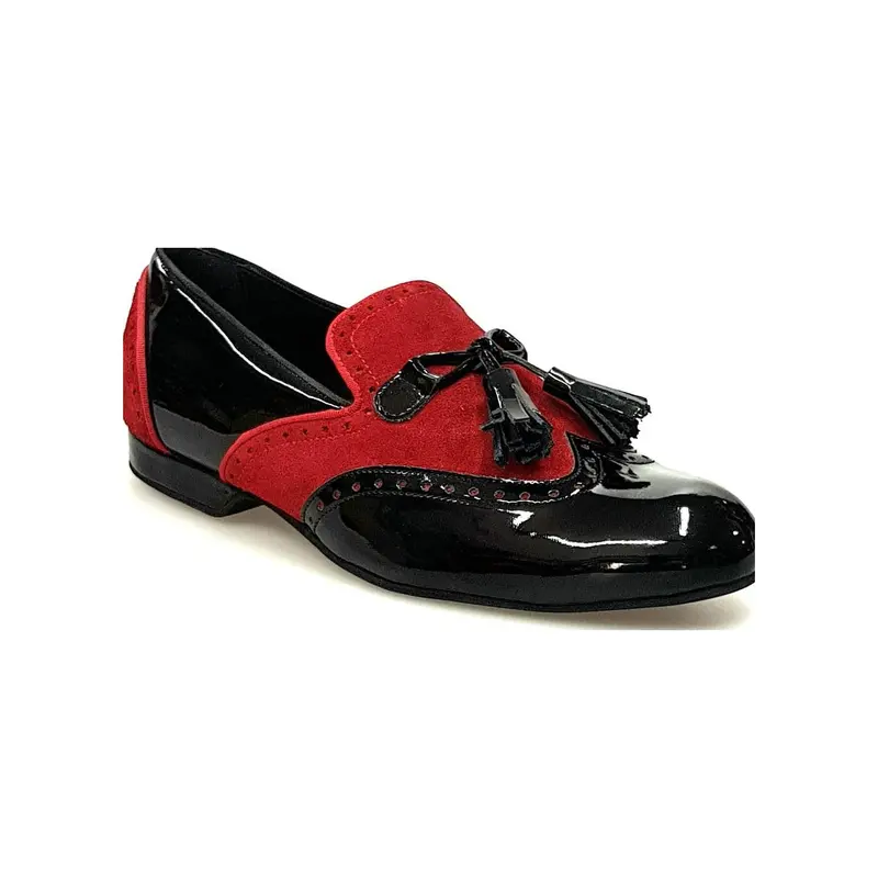 Morgan (PJ) - Mocassino da Ballo Salsa Uomo in Vernice Nera e Camoscio Rosso