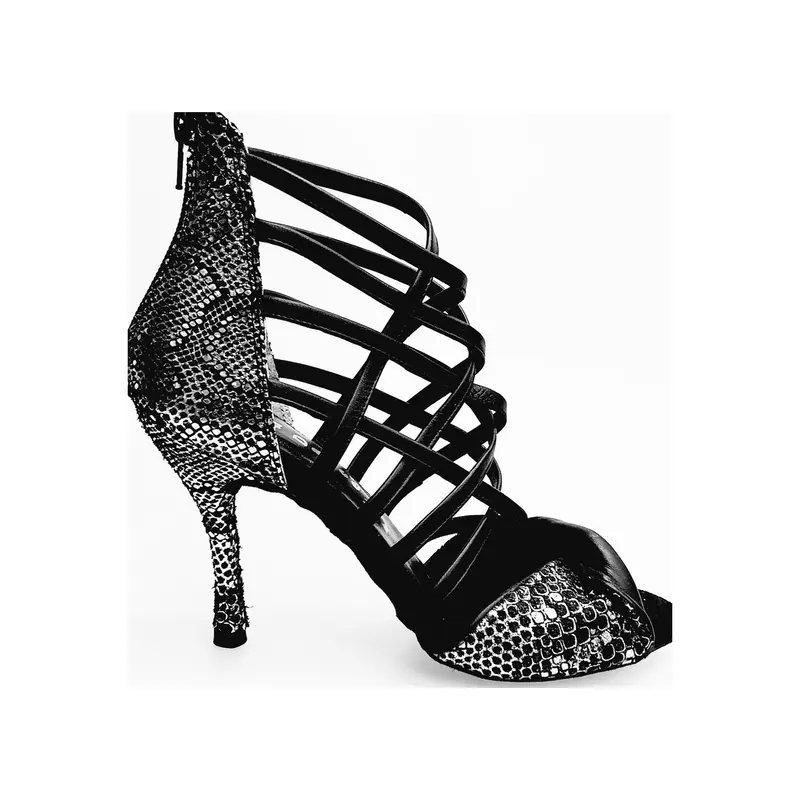 Natalia (360) - Sandalo Alto da Ballo Latino Americano Donna in Pitone Silver con fascette pelle nera