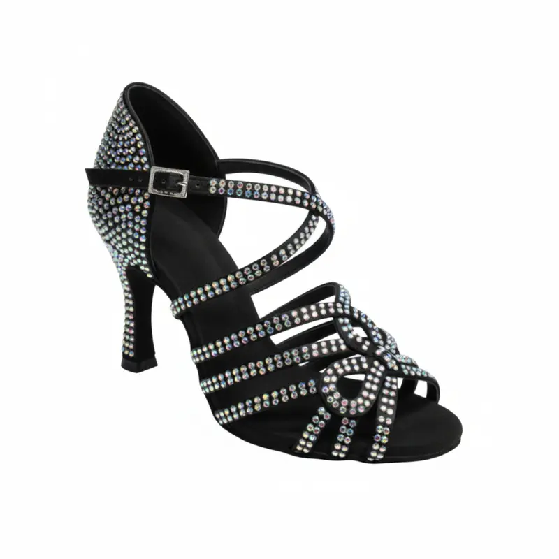 NORA Dreams Black (L2576S) - Scarpa da Ballo Latino Americano da Donna in Raso Nero cinturino incrociato al Collopiede con Strass Boreali Tacco a Rocchetto