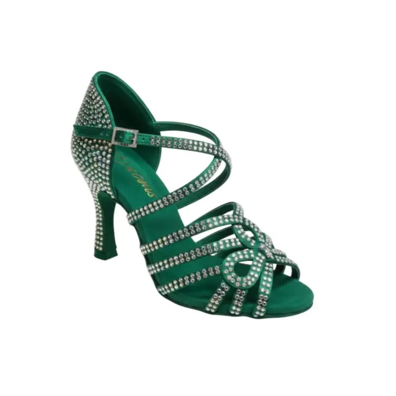 NORA Dreams Esmeralda Green (L2576S) - Scarpa da Ballo Latino Americano da Donna in Raso Verde Smeraldo cinturino incrociato al Collopiede con Strass Boreali Tacco a Rocchetto