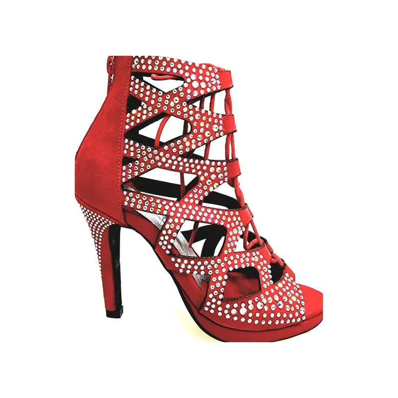 Olimpya Confort Plus - Sandalo a Tronchetto in Camoscio Rosso con Swarovski Boreali e Tacco alto a Spillo largo - Salsa