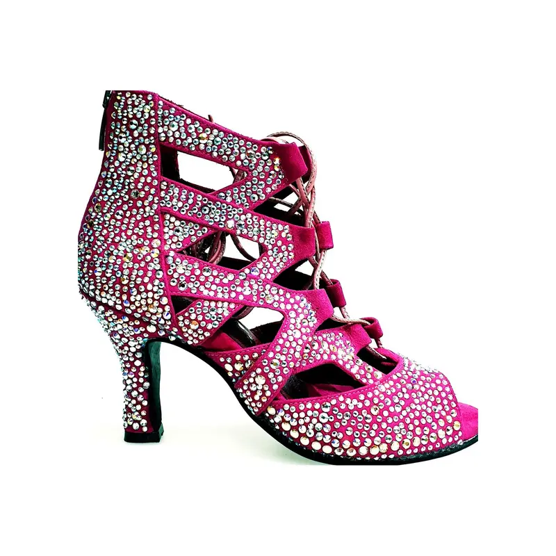 Olimpya Extra Plus - Sandalo a Tronchetto in Camoscio Fuxia con Swarovski Boreali e Tacco a Rocchetto - Salsa
