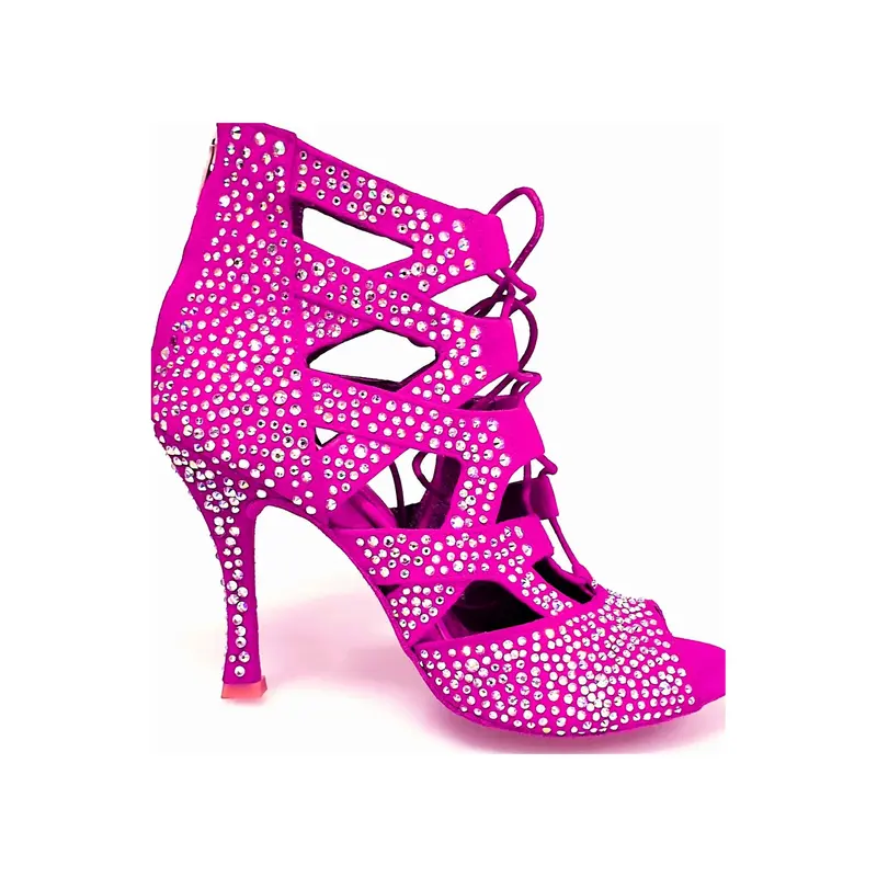 Olimpya Extra Plus - Sandalo a Tronchetto in Camoscio Fuxia e Swarovski Boreali Tacco a Rocchettino Squadrato Sottile - Salsa