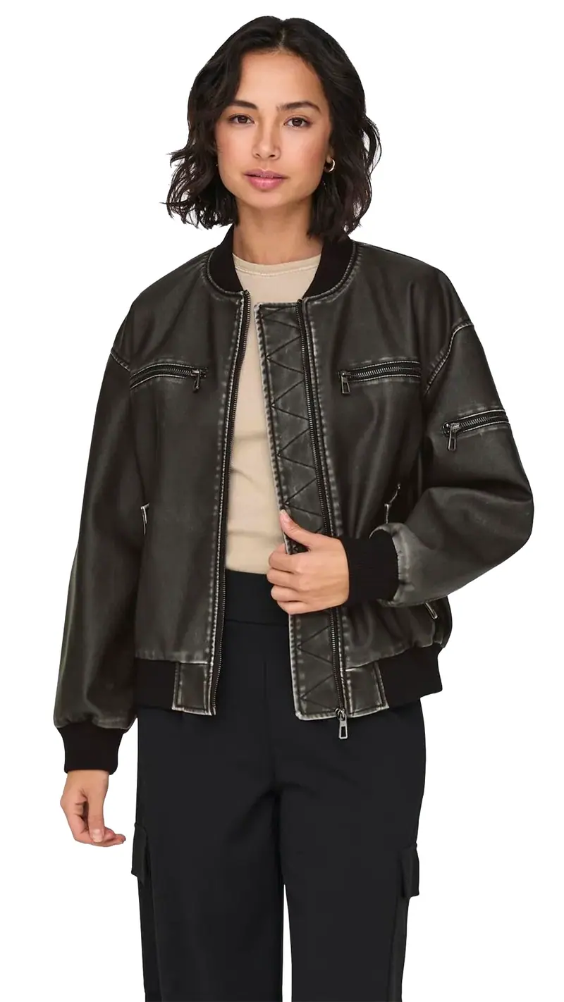ONLY GIUBBOTTO HALLI IN PELLE EFFETTO VINTAGE CON ZIP SU MANICA DONNA 15319095 BLK