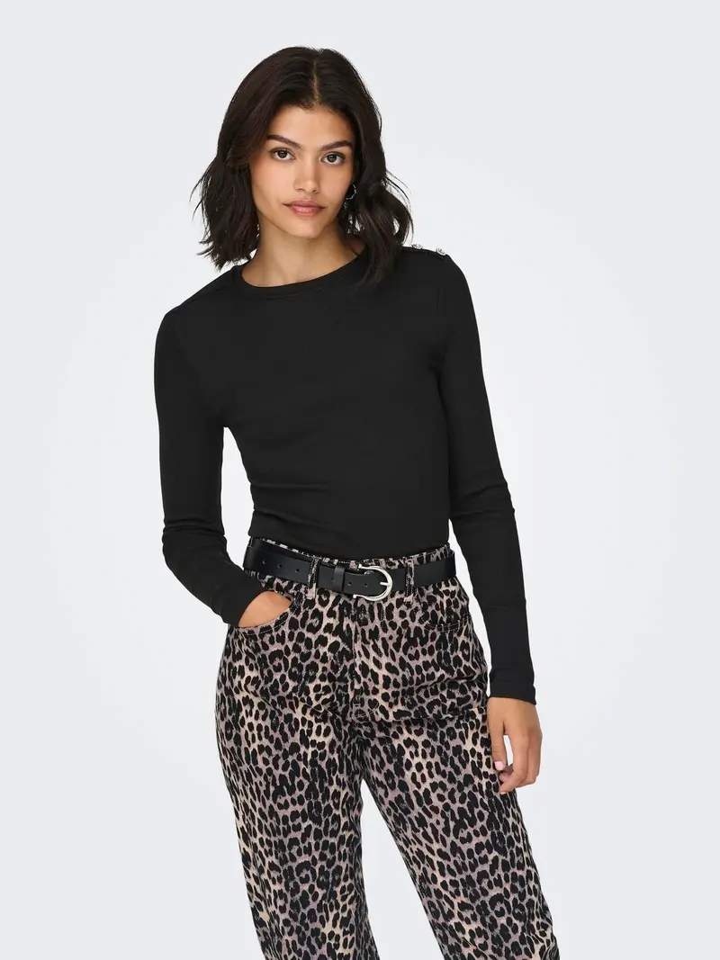 ONLY T-SHIRT CHECKIE MANICA LUNGA GIROCOLLO CON BOTTONI SULLA SPALLA DONNA 15330371 BLK
