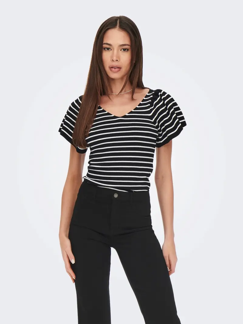 ONLY T-SHIRT LEELO STRIPE SHORT SLEEVE BACK V-NECK 15283760 BLK