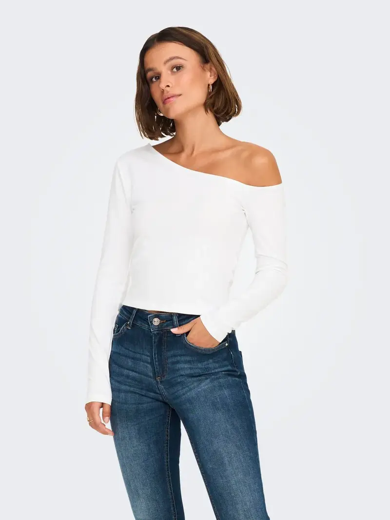 ONLY T-SHIRT LIVE LOVE MANICA LUNGA CON SPACCO LATO SPALLA DONNA 15344398 WHT