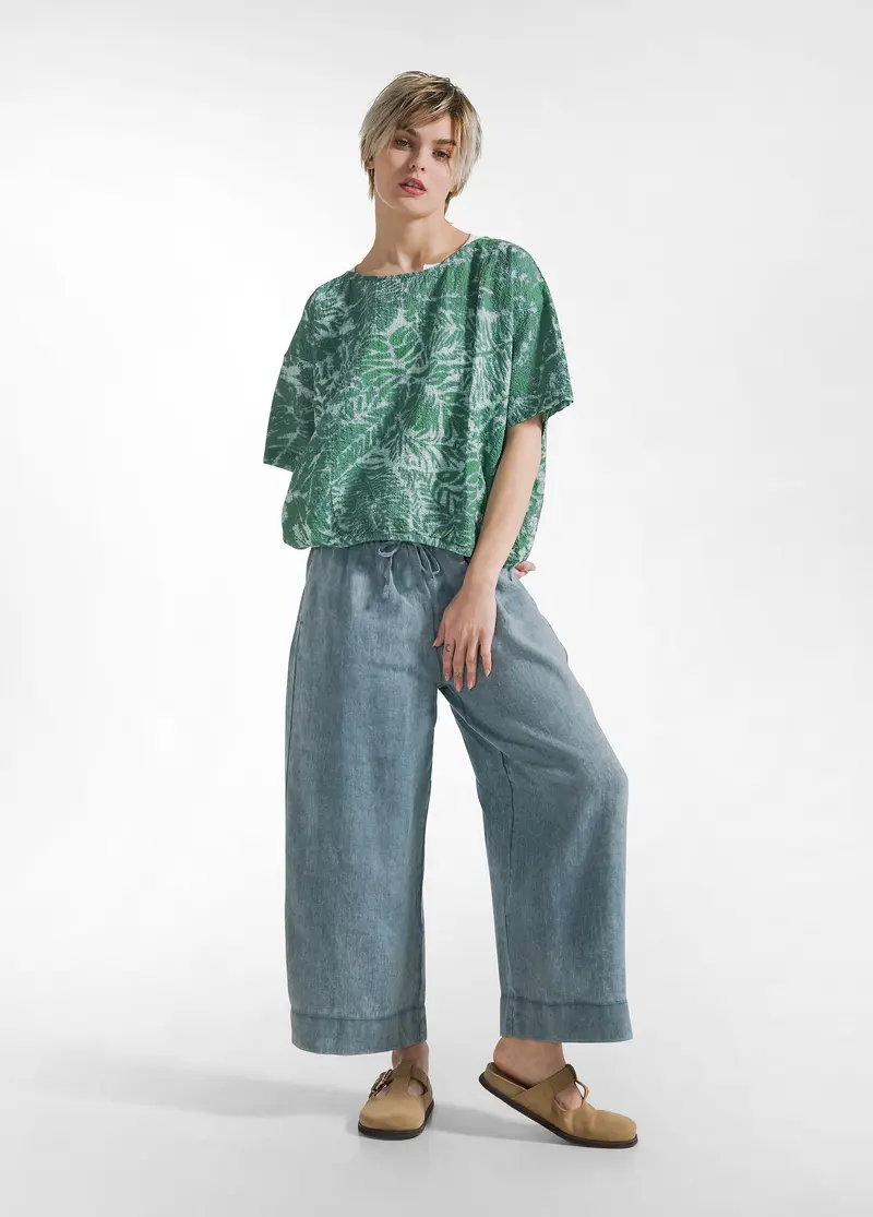 PANTALONE CCROPPED IN LINO EFFETTO SFUMATO BLU