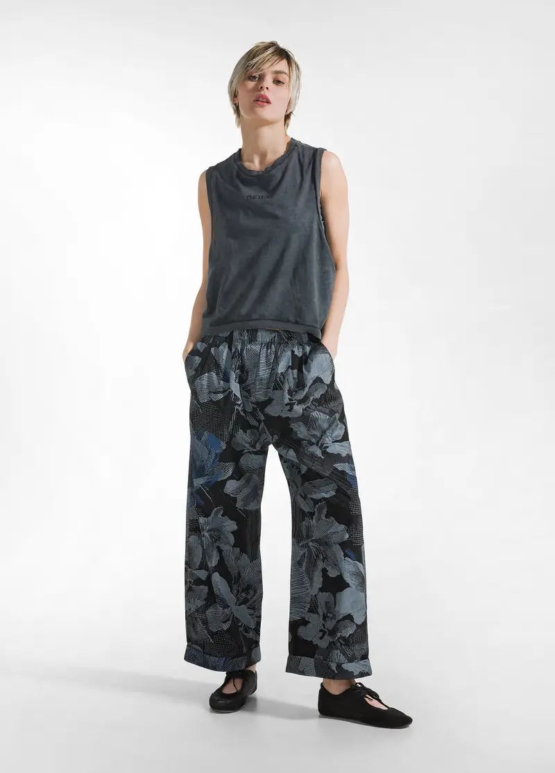 PANTALONE RELAXED IN POPELINE STAMPATO NERO