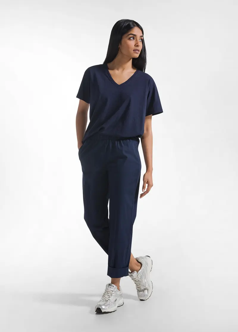 PANTALONI DRITTI IN POPLINE ELASTICIZZATO BLU