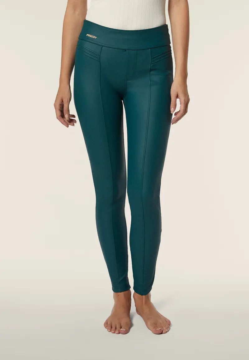 Pantaloni in Similpelle con Vita Alta e cuciture decorative