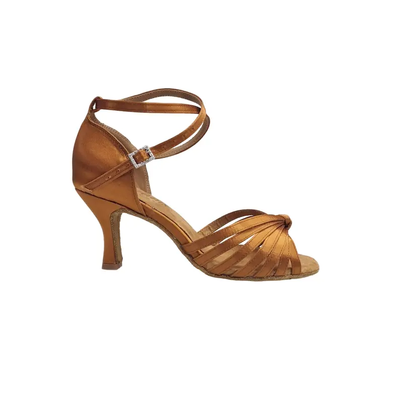 Patrizia QB (ST2026/7) - Scarpa Basica da Ballo Latino Americano Donna con Nodino in Raso Bronzo Tan con 7 fascette e Cinturino doppio sulla caviglia con Tacco a Rocchetto Basso