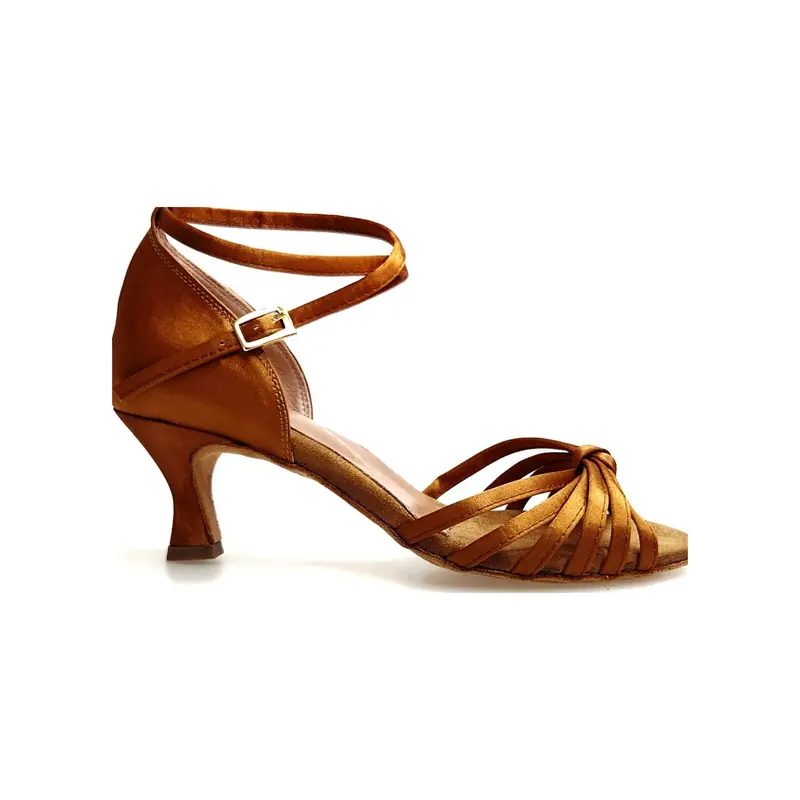 Patty QB (28QB) - Scarpa basica da Ballo Latino Americano Donna in raso Bronzo con 6 fascette e Cinturino doppio sulla caviglia con Tacco Basso a Rocchetto