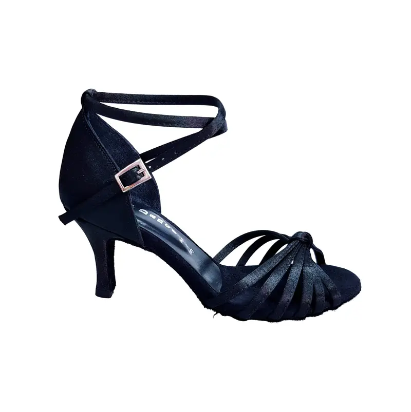 Patty QB (28QB) - Scarpa da Ballo Latino Americano Basica da Donna in Raso Nero Nodino con 6 Fascette e Cinturino Doppio sulla Caviglia Tacco Basso a Spillo Largo