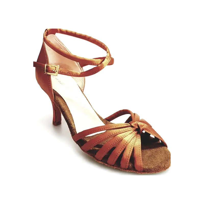 Patty QB (28QB) - Scarpa da Ballo Latino Americano Basica da Donna in Raso Seta Bronzo Nodino con 6 Fascette e cinturino doppio sulla caviglia con Tacco a Spillo Largo