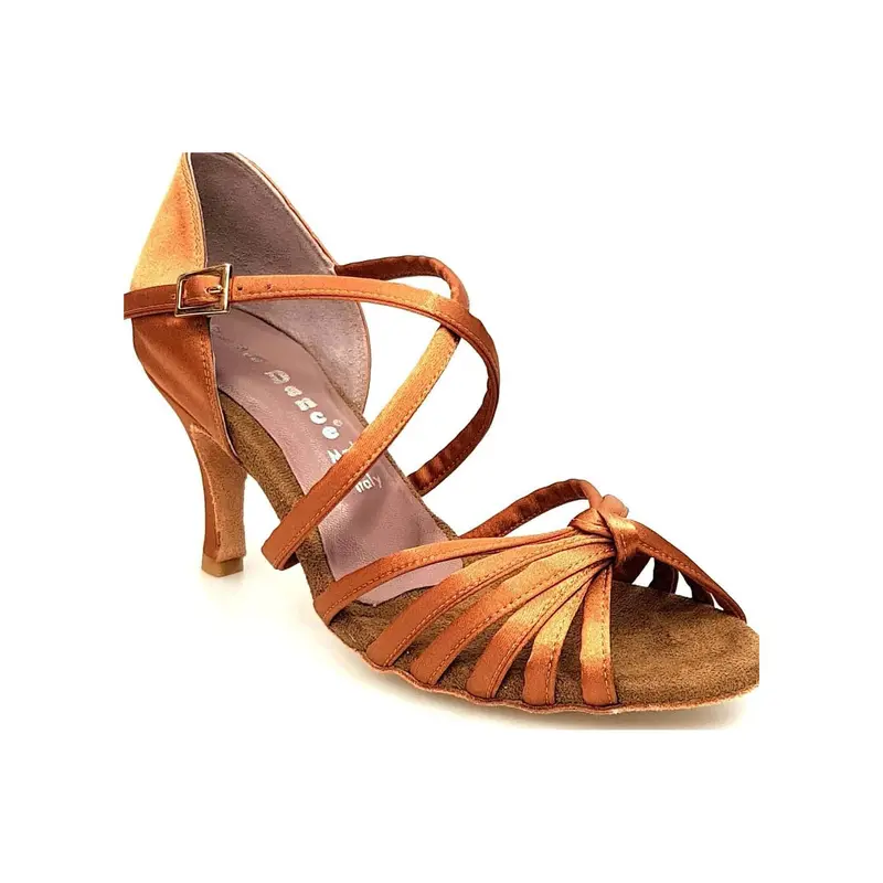 Patty QC (28QC) - Scarpa da Ballo Latino Americano Basica Da donna in Raso Bronzo Nodino 6 Fascette con Cinturino Incrociato sul Collo Piede e Tacco a Stiletto