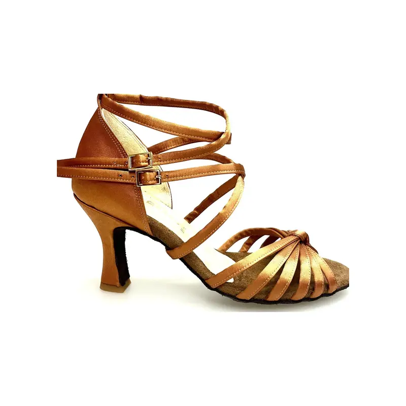 Patty QD (28QD) - Scarpa da Ballo Latino Americano Basica da Donna in Raso Seta Bronzo Nodino con 6 Fascette e cinturino doppio sulla caviglia e Collo Piede con Tacco a Rocchetto