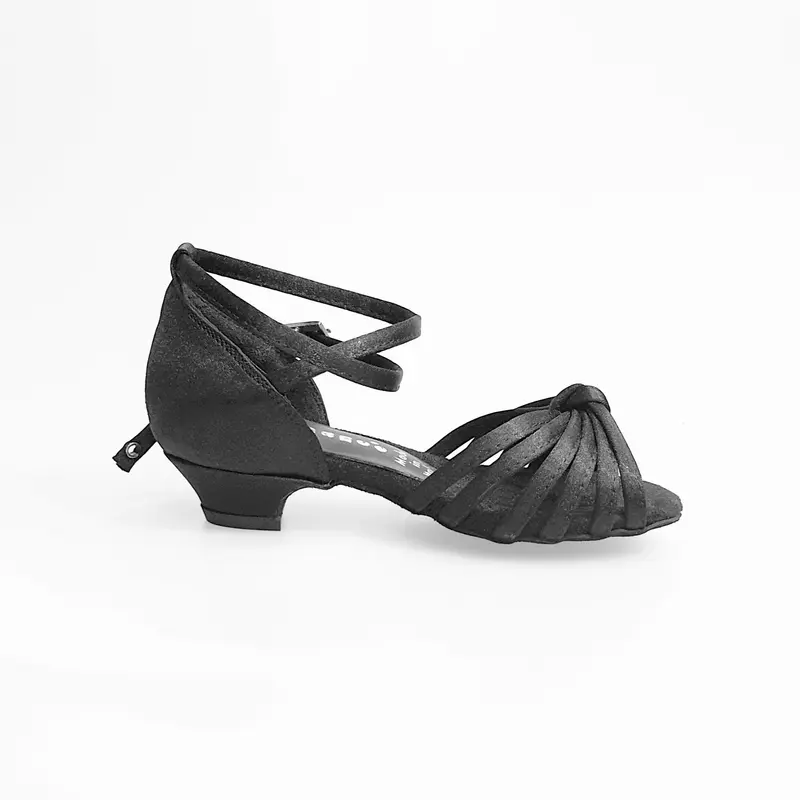 Piccola Patti QB (28QB) - Scarpa da Ballo Basica da Donna in Raso Nero Nodino con 6 Fascette e Cinturino Doppio sulla Caviglia Tacco Basso a Rocchetto