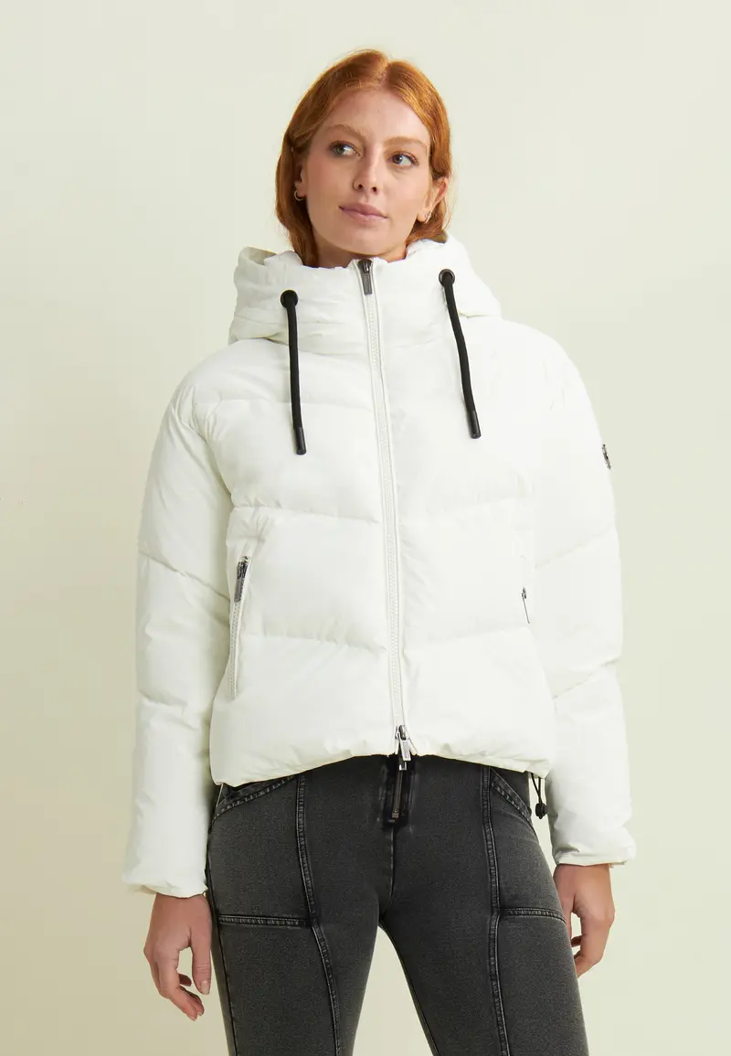 Piumino cropped donna con collo alto e coulisse regolabile