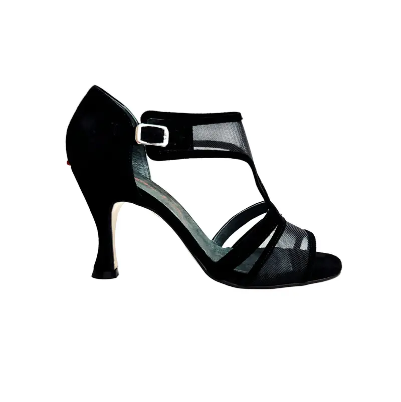 ROXINA  (R.L. XENA By WISH DANCE F.533) - Sandalo da Ballo Salsa donna in camoscio nero Retina con con Tacco a Rocchetto Rotondo
