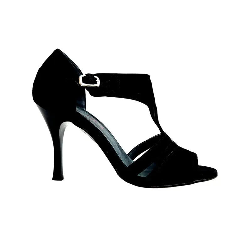 ROXINA (R.L. XENA By WISH DANCE ) - Sandalo da Ballo Salsa donna in camoscio nero con Tacco a Rocchettino Sottile Smaltato Nero