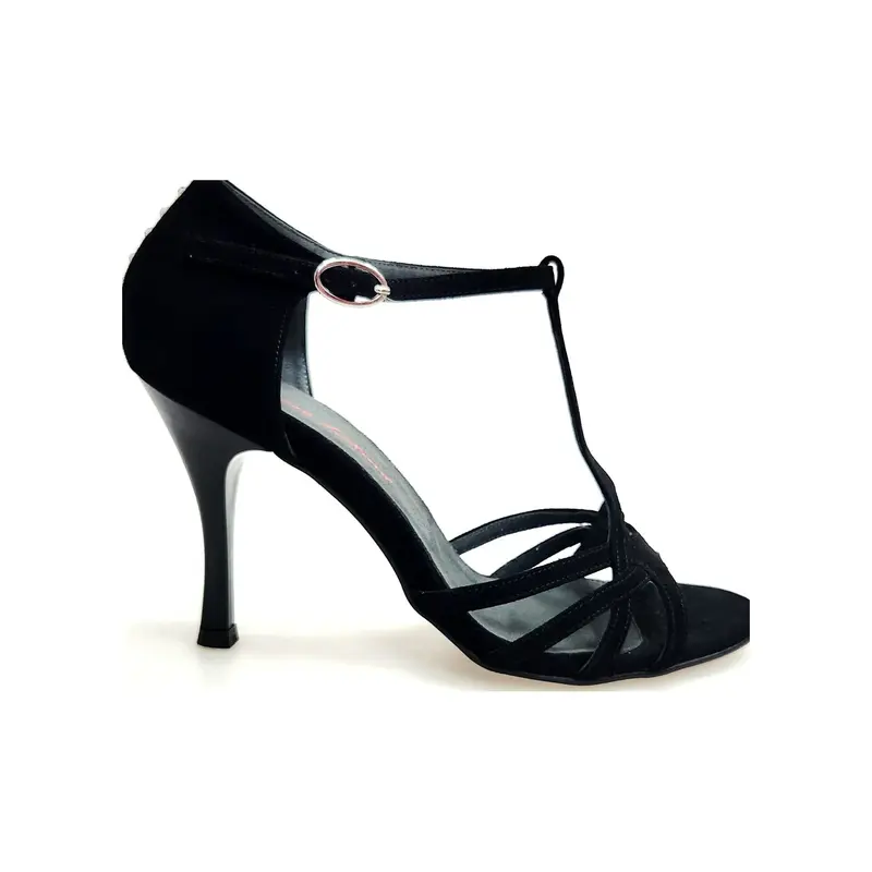 RUBY (R.L. R119 By WISH DANCE ) - Sandalo da Ballo Salsa Donna in Camoscio Nero con Riga di Swarovski sul Tallone  con Tacco a Rocchettino Sottile Smaltato Nero
