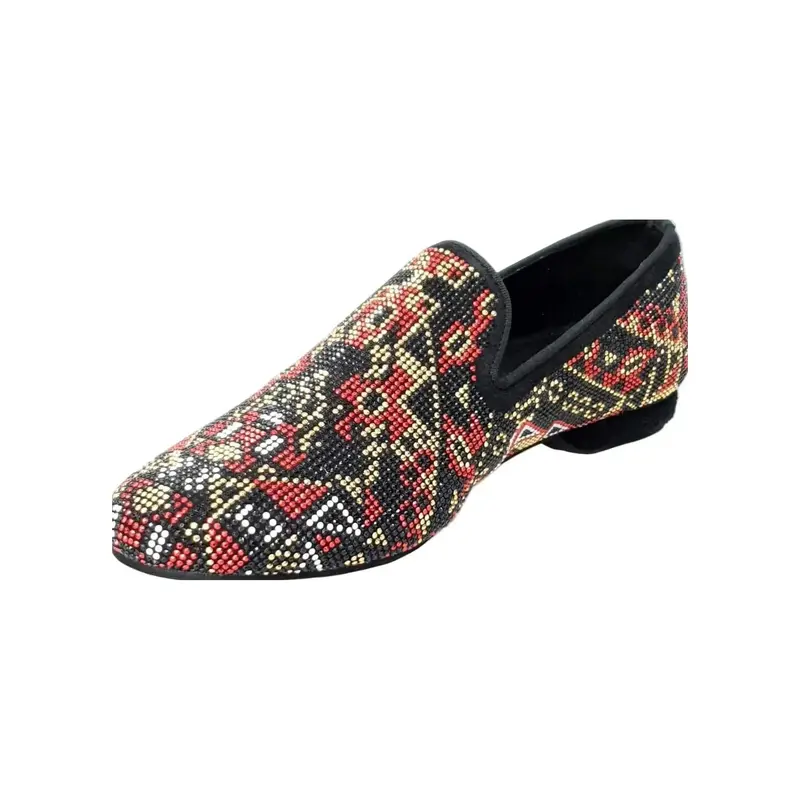 Samakaka Gold (800PW) - Mocassino da Ballo Salsa Uomo in Camoscio Nero e swarovski neri Con Borchiette rosse bianche e oro Stile Samakaka