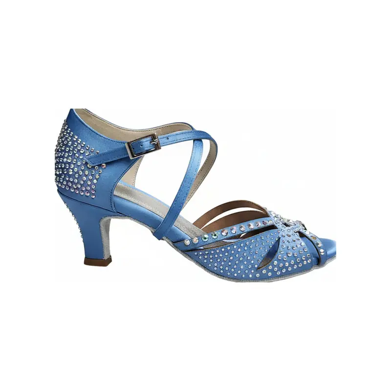 SAMIRA (L19) - Scarpa da Ballo Salsa in Raso Seta Azzurro Cielo Con Swarovski Boreali e Tacco Basso a Rocchetto