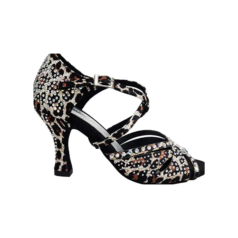 SAMIRA (L19) - Scarpa da Ballo Salsa in Raso Seta Laserata Disegno Leopardo Bianco Con Swarovski Boreali e Tacco a Rocchetto