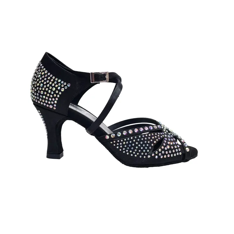 SAMIRA (L19) - Scarpa da Ballo Salsa in Raso Seta Nero Con Swarovski Boreali e Tacco Basso a Rocchetto