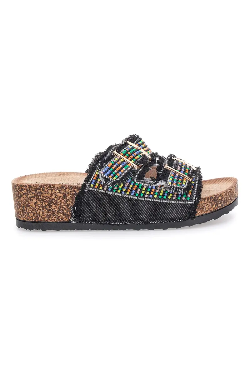 Sandali neri con perline multicolor e doppia fibbia Dame Rose APY66