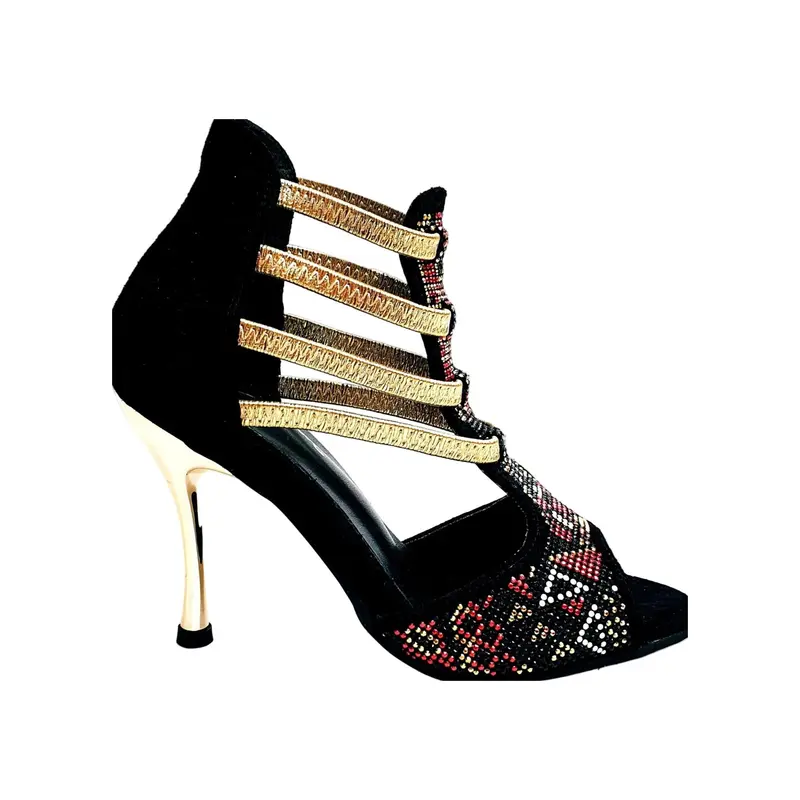 Sara Gold Plus (460PW) - Sandalo da Ballo Salsa Donna in Camoscio Nero Con Livrea Samakaka Oro tacco a spillo laminato Oro Elastici Oro