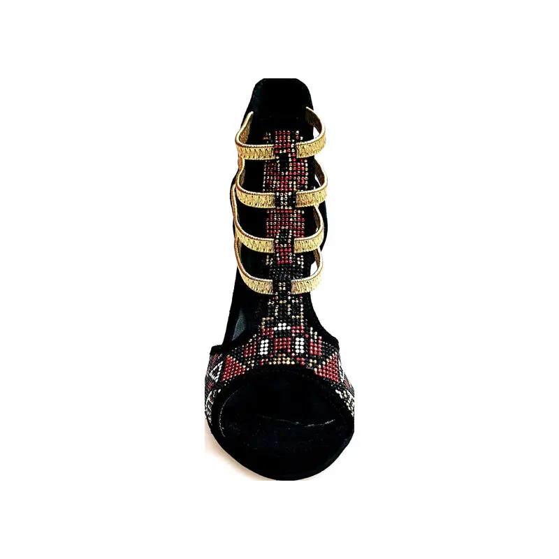 Sara Gold Plus (460PW) - Sandalo da Ballo Salsa Donna in Camoscio Nero Con Livrea Samakaka Oro tacco a stiletto laminato Oro Elastici Oro