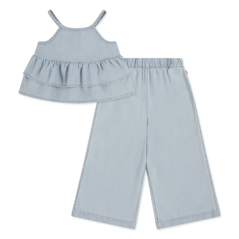 SET DENIM BAMBINA TOP A BALZE E PANTALONI A GAMBA LARGA